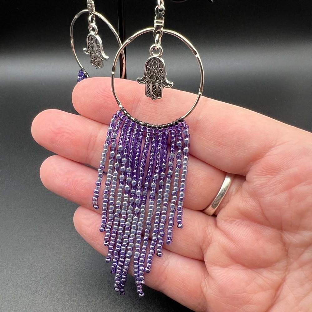 Beaded Fringe Earrings w/Hamsa Hand Charms